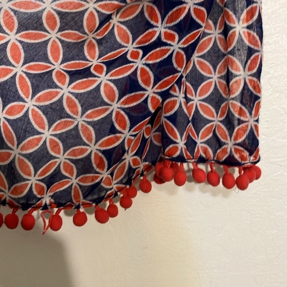 🌈 Mud Pie Pom Pom fringed India print cotton semi sheer scarf - Picture 5 of 10